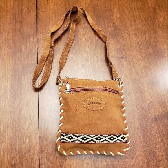 NEW no tags USAKAIA tan suede leather whip‎ stich braid cross body bag vintage - Picture 1 of 8